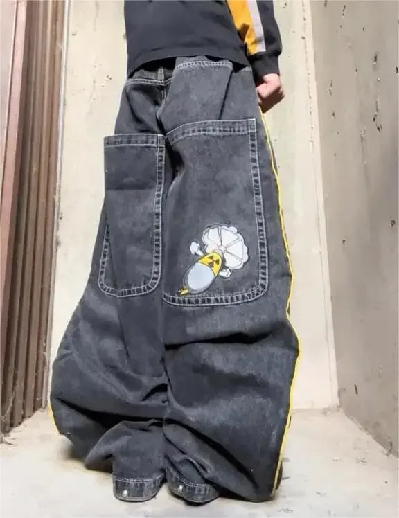 Gothic Halloween Scythe Grim Reaper Hip Hop Streetwear Jeans Men Women Retro Punk Print Traight Wide-leg Black Baggy Denim Pants