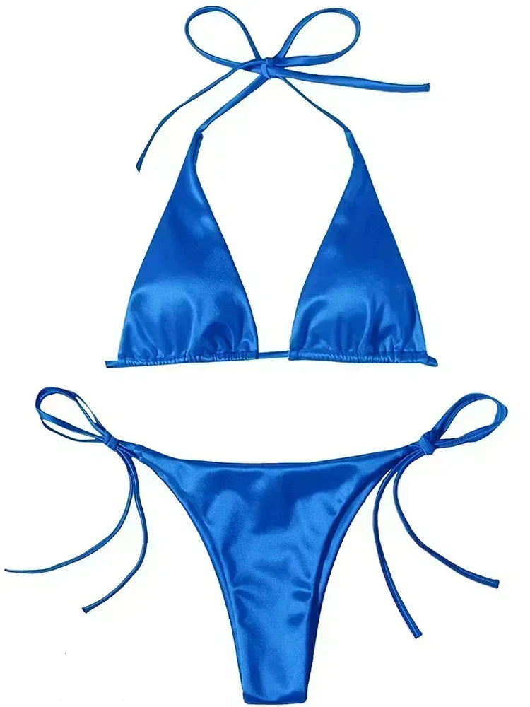Halter Brazilian Metallic Satin Bikini Women Swimwear Female Swimsuit Two-pieces Bikini Set High Cut Bathing Suit Swim Beachwear