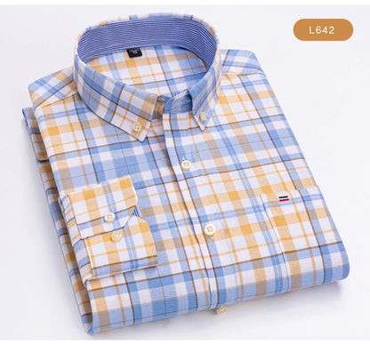 Men's Oxford Long Sleeve Shirt 100% Cotton Wrinkle Resistant & Breathable, Solid Plaid Striped Comfort Casual Button-down Shirts