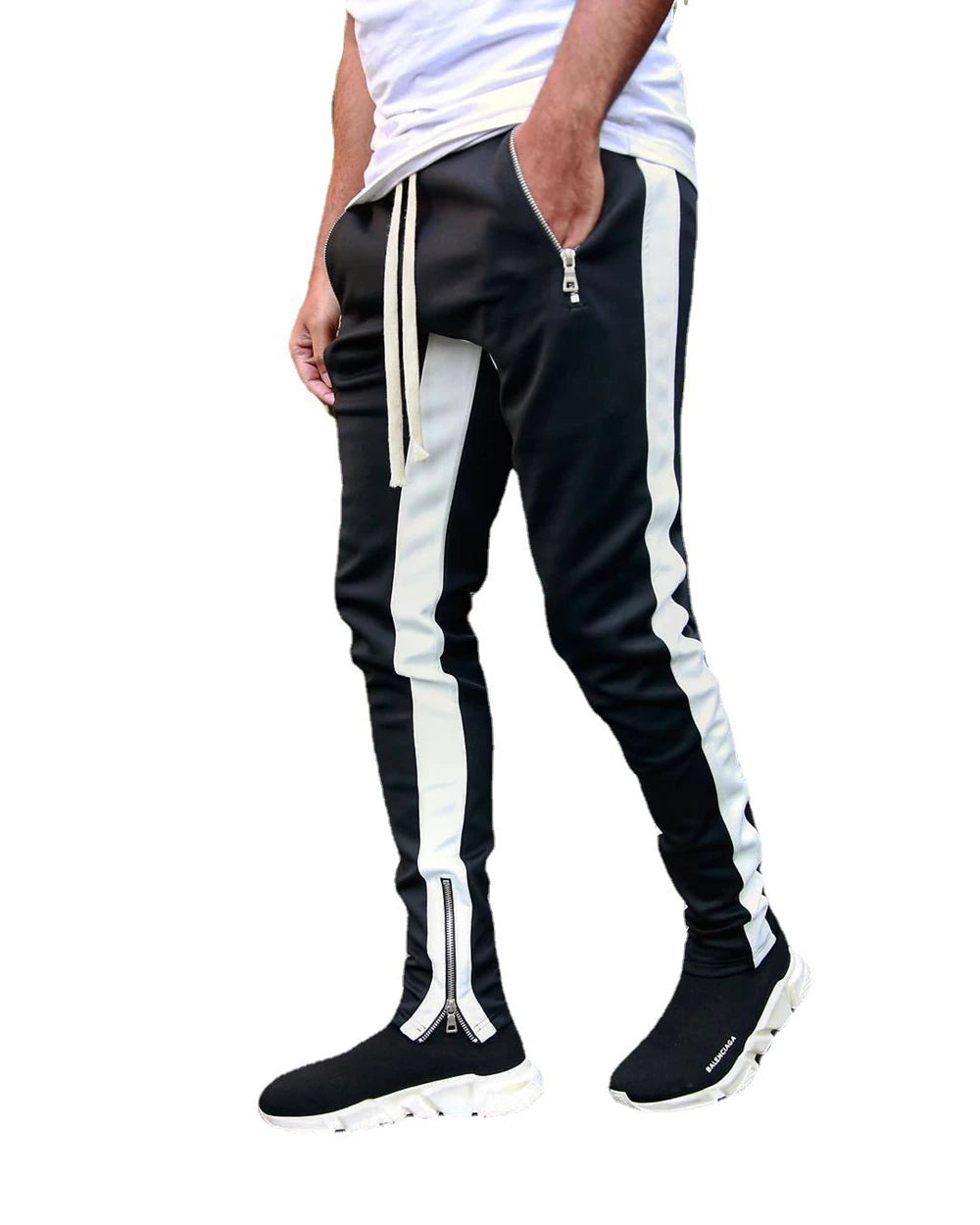 Mens Training Pants Plaid GYM Track Sweatpants Grey Joggers Breathable Stripe Fitness Male Running Sport Trousers Zipper Pockets