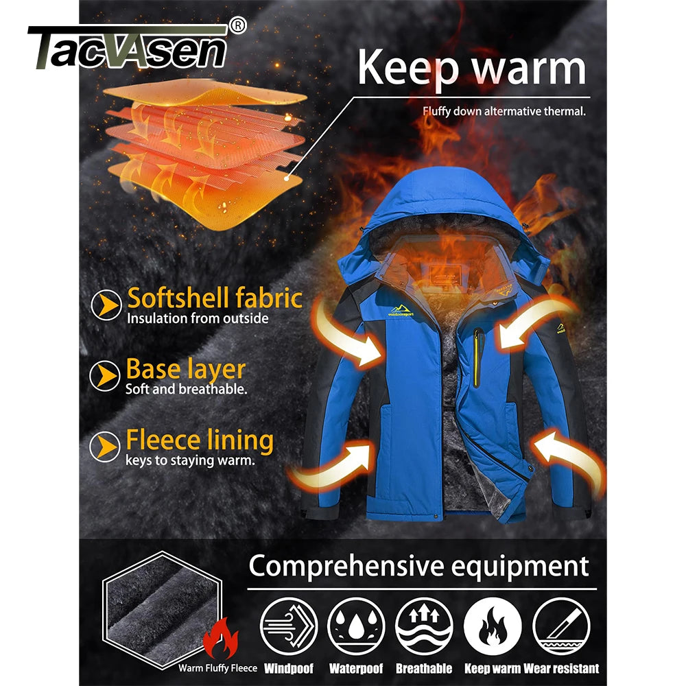 TACVASEN Men's Waterproof Ski Jacket Fleece Lining Warmth Parka Winter Snow Working Outdoors Hooded Coat Rain Shell Windbreaker