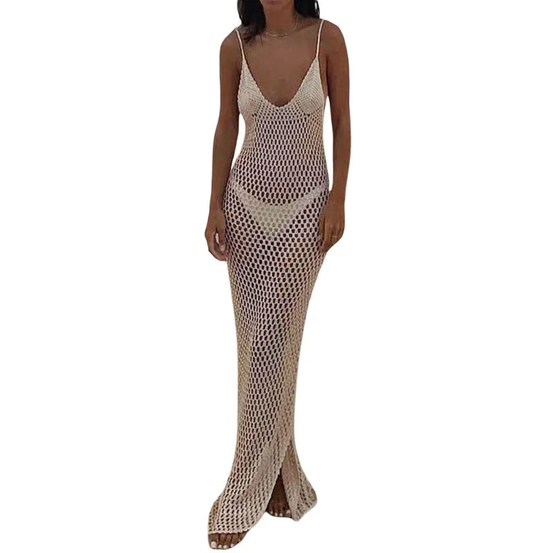 Lamuusaa Sexy Beach Dress Women Bikini Cover Ups Solid Color V Neck Crochet Cutout Sleeveless Backless Long Dress Party Dresses