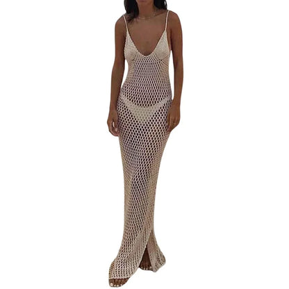 Lamuusaa Sexy Beach Dress Women Bikini Cover Ups Solid Color V Neck Crochet Cutout Sleeveless Backless Long Dress Party Dresses