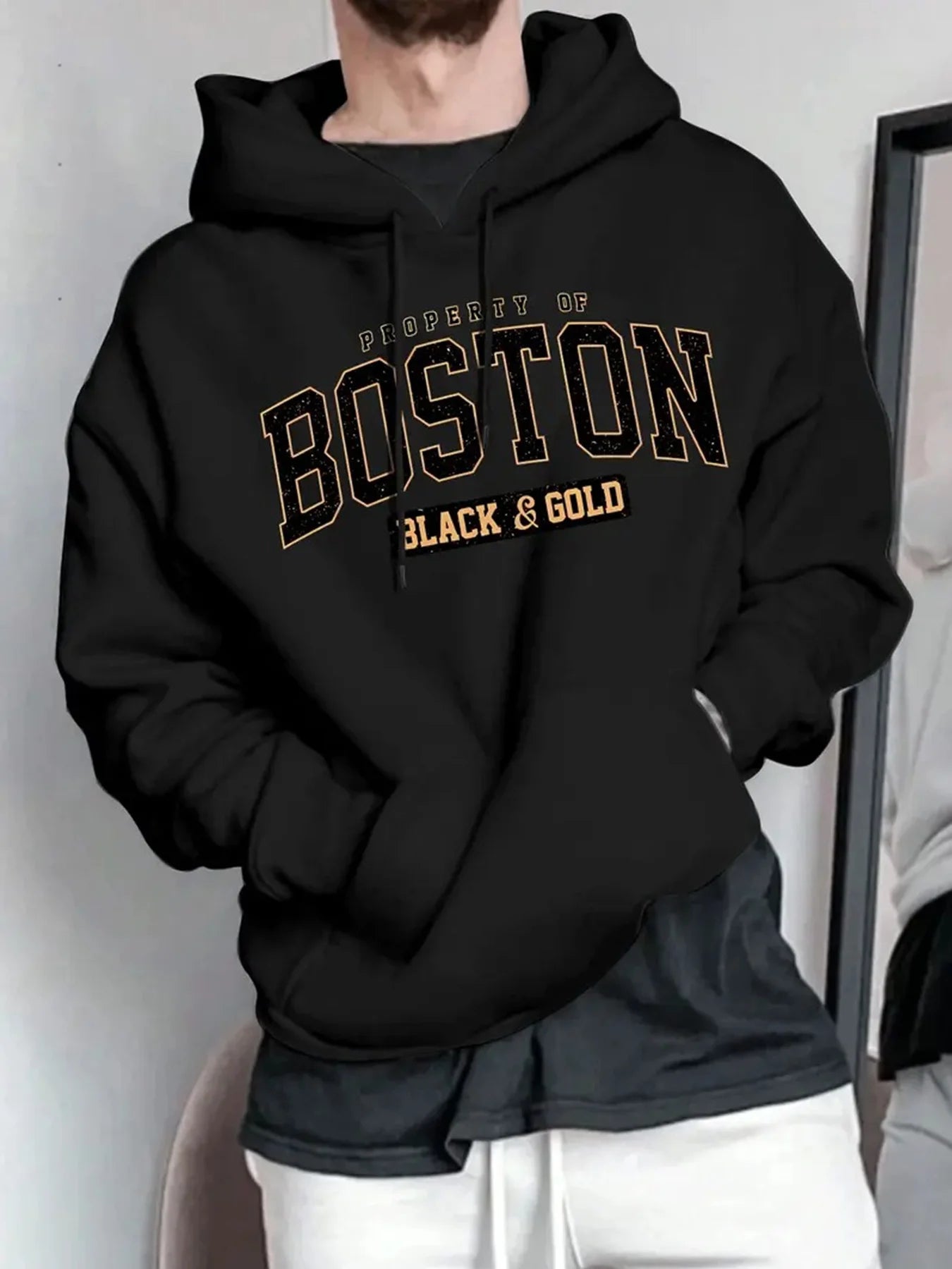 Men's Boston Letter Printed Fleece Warm Hood Adjustable Drawstring Comfortable Outdoor Use Autumn Winter Casual Fashion Hoodie