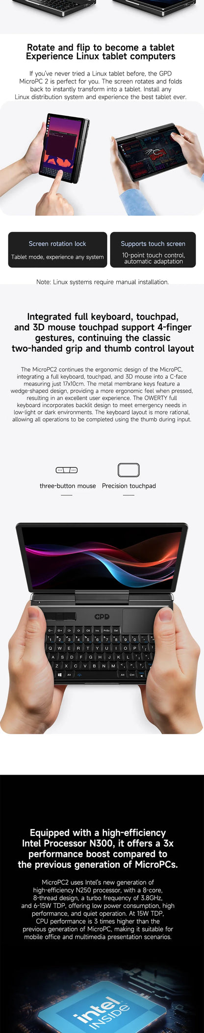 GPD Micro PC 2 Handheld Mini Notebook 7 Inch Touch Screen N300 16GB RAM 512GB SSD Windows 11 Portable Palm Size Laptop