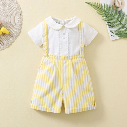 Ins Handmade Baby Boys' Clothes New British Wind Cotton Short-sleeved Shirt Embroidered Bear Clothes Baby Boys Boutique Suits
