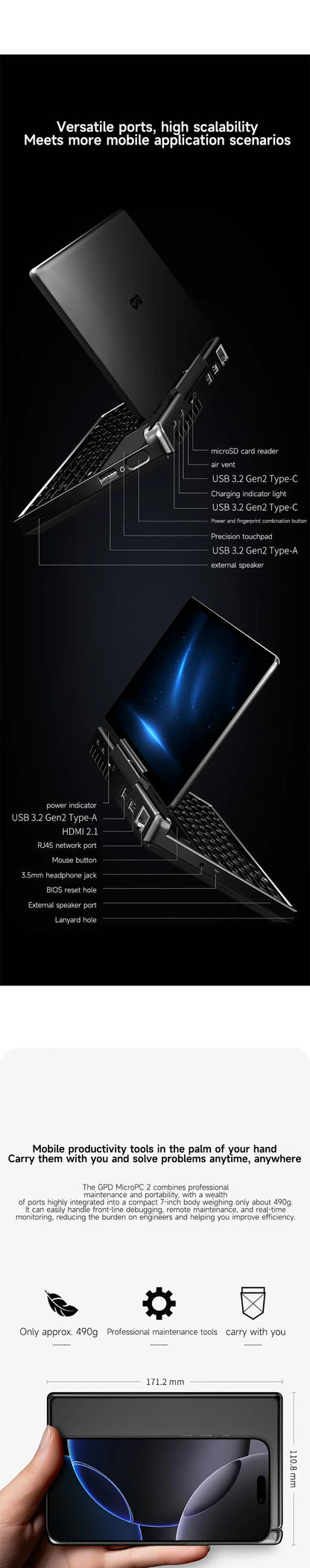 GPD Micro PC 2 Handheld Mini Notebook 7 Inch Touch Screen N300 16GB RAM 512GB SSD Windows 11 Portable Palm Size Laptop