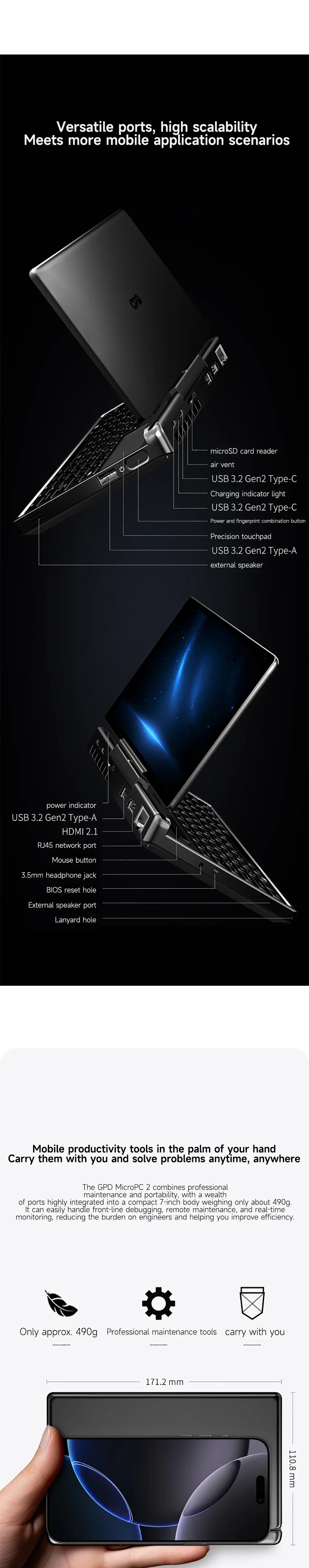 GPD Micro PC 2 Handheld Mini Laptop 7 Inch Touch Screen 16GB RAM 512GB SSD N300 CPU Win11 Palm-sized Portable Mini Notebook