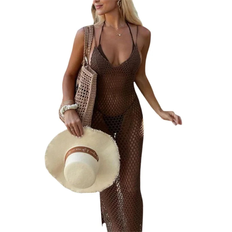 Lamuusaa Sexy Beach Dress Women Bikini Cover Ups Solid Color V Neck Crochet Cutout Sleeveless Backless Long Dress Party Dresses