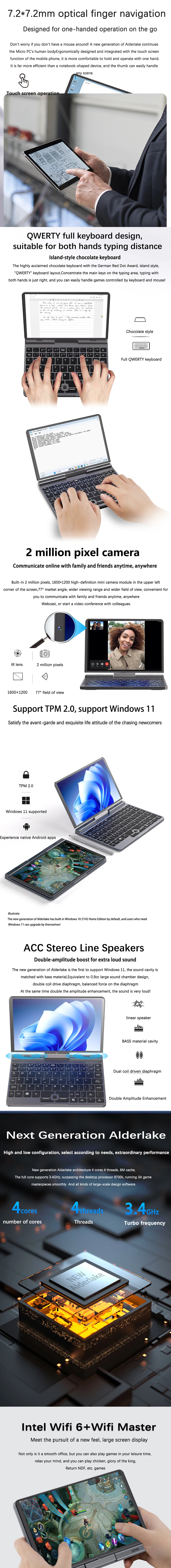 YSJMNPC 12th Gen Mini Laptop Intel N95 Quad Core 8 Inch Screen LPDDR5 12GB 4800MHz M.2 1TB Windows11Pro AX WiFi6 BT5.2 RJ45 LAN