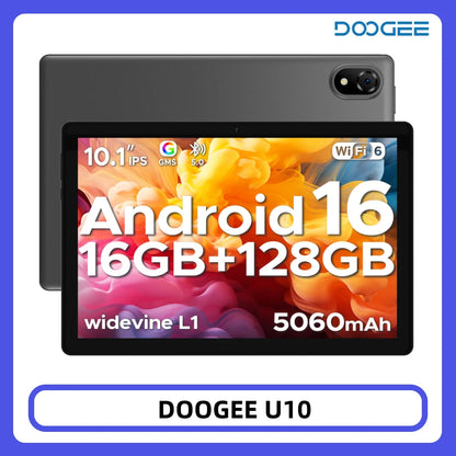 DOOGEE U10 Tablet 10.1" HD Display Android 16 16GB RAM 128GB ROM 5060mAh Large Battery Widevine L1 WiFi6 8MP+5MP Pad PC