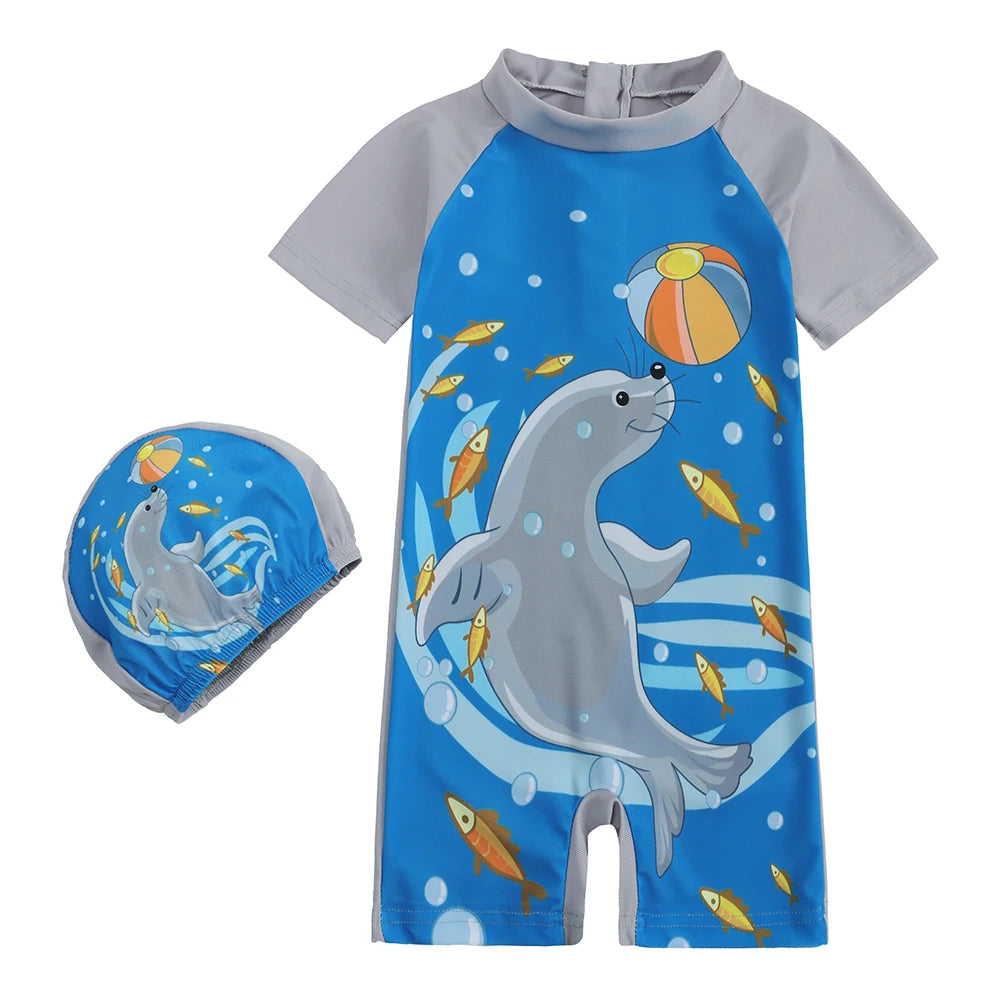 2025 Toddler Children Swimwear Suit Print UV Kids Boys Girls Summer Beach Clothes 2Pcs Cap+Bathing Swimming Diving Swimsuit