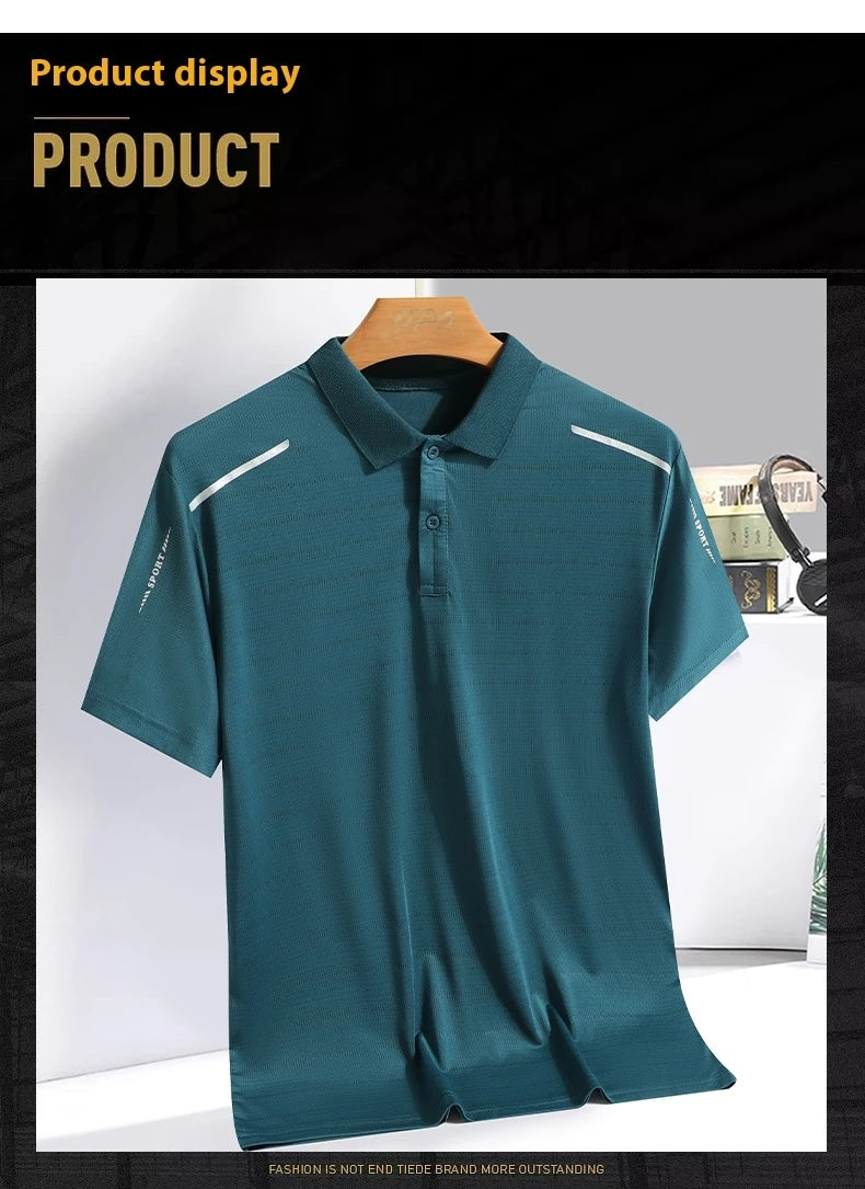 Summer Ice Silk Polo Top Short sleeved Polo Collar Quick Drying Sports Shirt Trendy and Fashionable Thin Breathable T-shirt