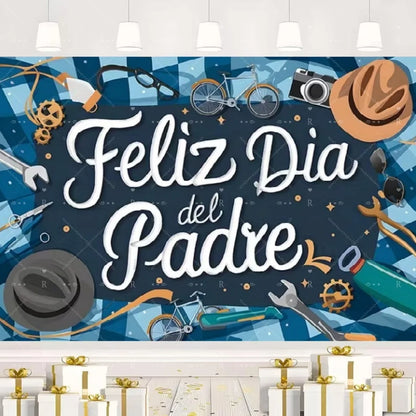 Happy Father's Day Family Party Decoration Background Feliz Día del Padre Golden Blue Balloon Backdrop for Man Tuxedo I Love Dad