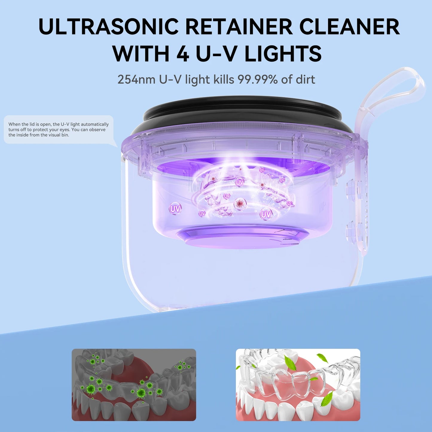 KUNPHY Dental Pod Ultrasonic Retainer Cleaner Machine 200ML with UV 3 Modes for Aligner Nightguard Mouth Guard Oral Dental Care
