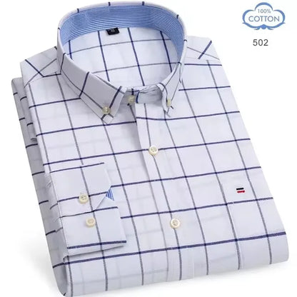 100% Pure Cotton Oxford Shirts for Men Long Sleeve Plaid Shirt Striped Male Business Checked Red Shirt Mans Designer Clothes 7XL