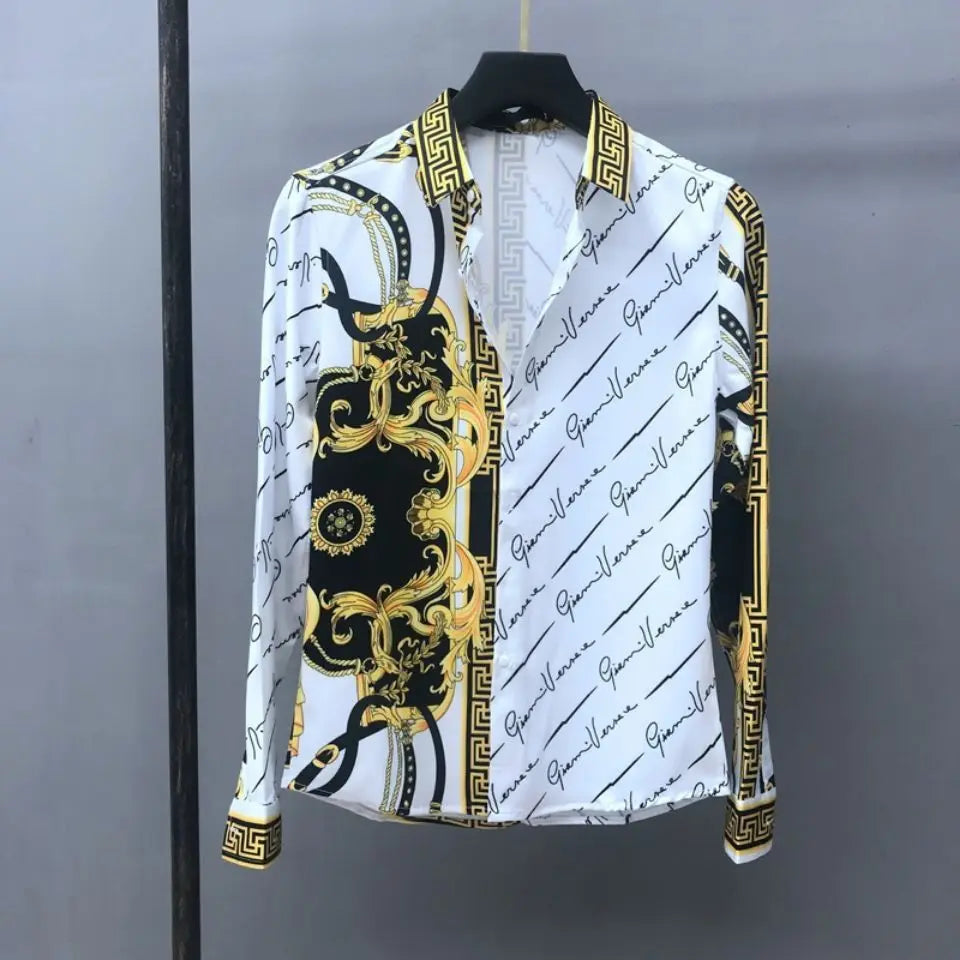 European Men's Spring And Autumn Long Sleeved Shirt, European And American Royal Court Style Retro Fashion Casual Print Lining
