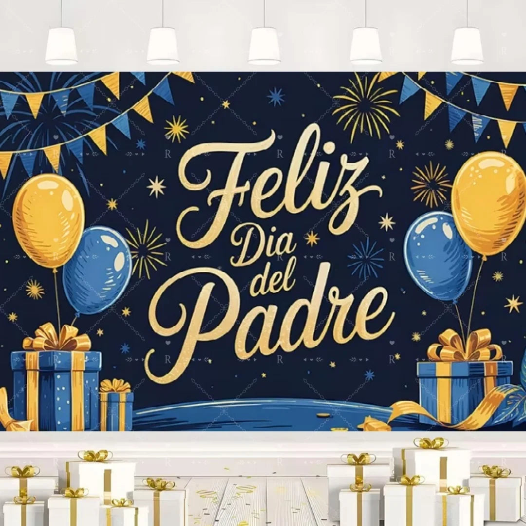 Happy Father's Day Family Party Decoration Background Feliz Día del Padre Golden Blue Balloon Backdrop for Man Tuxedo I Love Dad