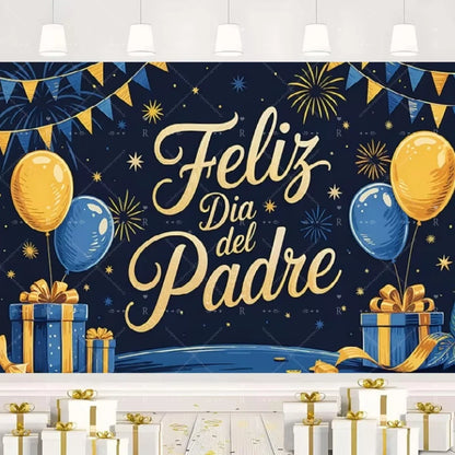 Happy Father's Day Family Party Decoration Background Feliz Día del Padre Golden Blue Balloon Backdrop for Man Tuxedo I Love Dad