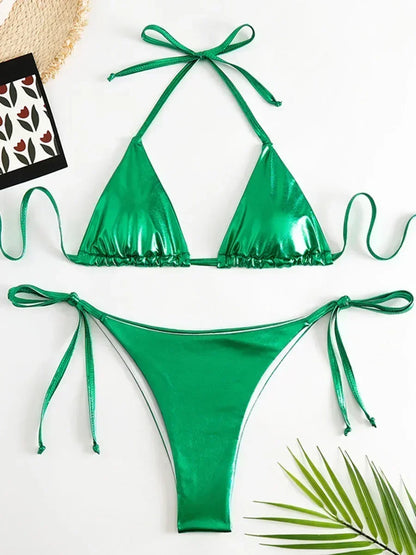 Sexy Shiny Pu Faux Leather Bikini 2025 Women Swimwear Female Swimsuit Two-pieces Bikini set String Bather Bathing Suit Swim Lady