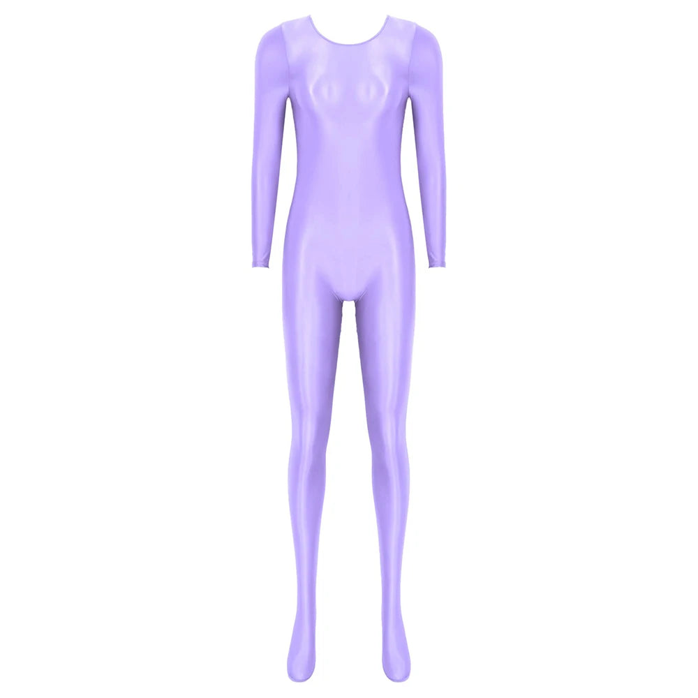 Women Oil Shiny Long Sleeve Pantyhose Jumpsuit Bodystocking Yoga Gymnastics Shapewear One-Piece Swimsuit Catsuit Glossy Bodysuit