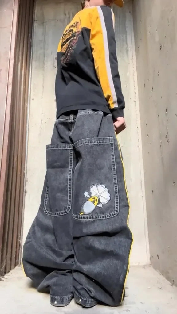 Gothic Halloween Scythe Grim Reaper Hip Hop Streetwear Jeans Men Women Retro Punk Print Traight Wide-leg Black Baggy Denim Pants