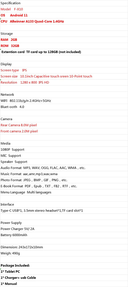 10.1 INCH 2GB RAM 32GB ROM FX10 Android 11 Tablet PC CPU Allwinner A133 Quad-Core 1.4GHz Dual Camera WIFI 1280 x 800  IPS HD