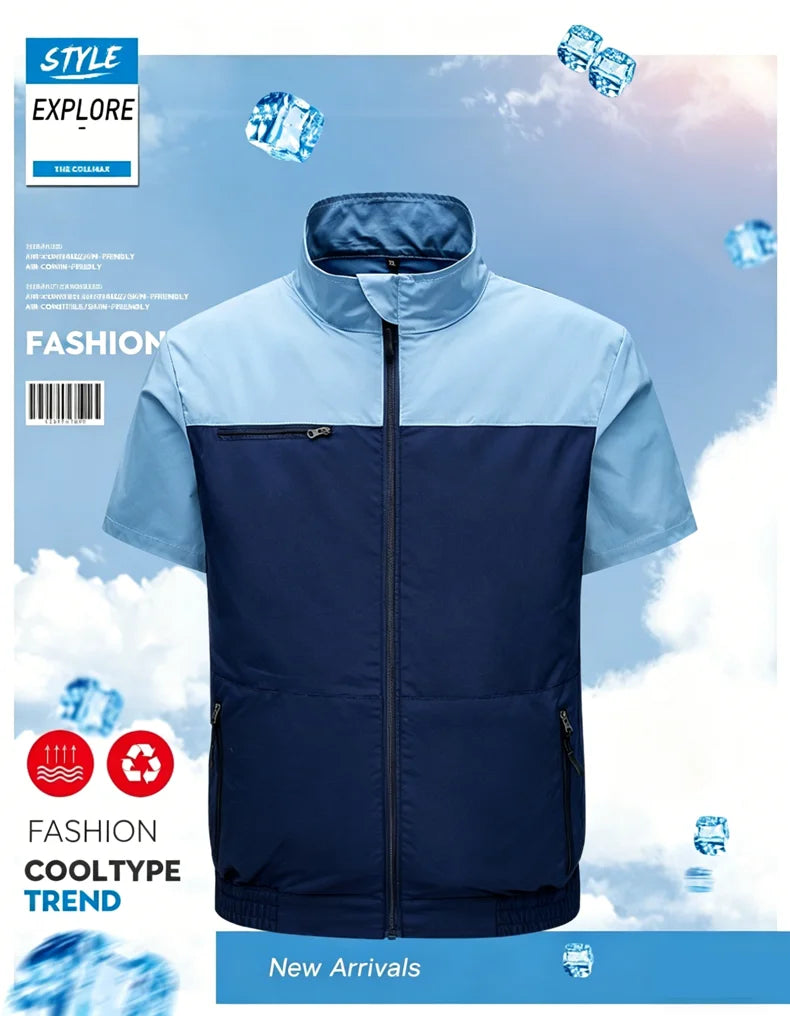 New men's smart cooling workwear with built-in fans, 360° circulating airflow, lightweight and breathable, suitable for hiking,