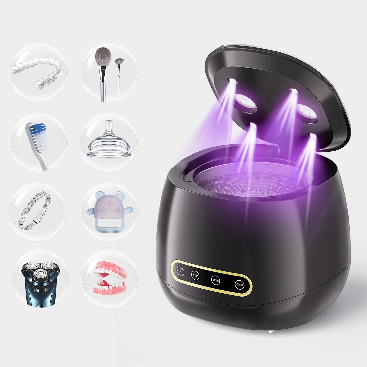 Ultrasonic 48KHz Automatic Denture Cleaner USB Multifunctional Makeup Brush Cleaner with 3 Timer Settings for Oral Care