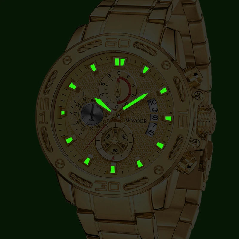 Fashion Men Watches Wwoor Top Brand Luxury Gold Full Stainless Steel Quartz Watch Waterproof Sport Chronograph Relogio Masculino