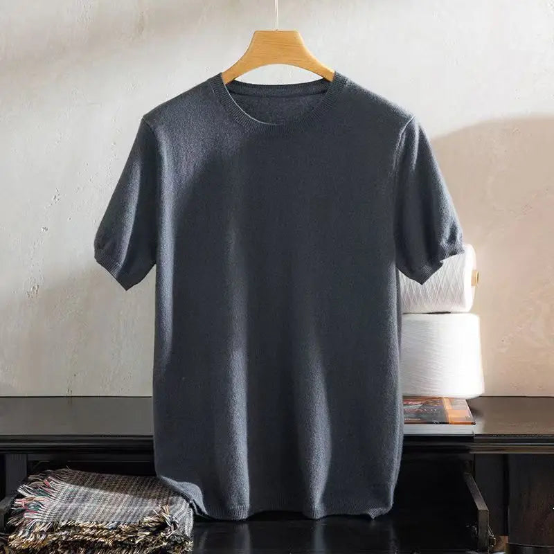 Superfine Merino Wool T Shirt Men's Knitted O-neck Breathable Thin Cashmer Short Sleeve Tee Solid Color  Men's Sweater Tops
