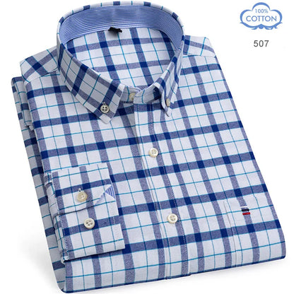 100% Pure Cotton Oxford Shirts for Men Long Sleeve Plaid Shirt Striped Male Business Checked Red Shirt Mans Designer Clothes 7XL