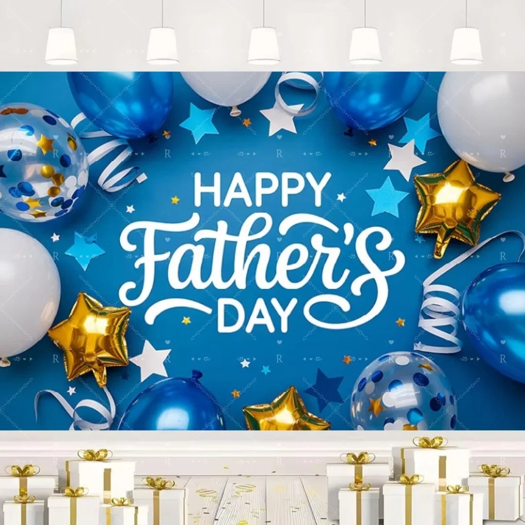 Happy Father's Day Family Party Decoration Background Feliz Día del Padre Golden Blue Balloon Backdrop for Man Tuxedo I Love Dad