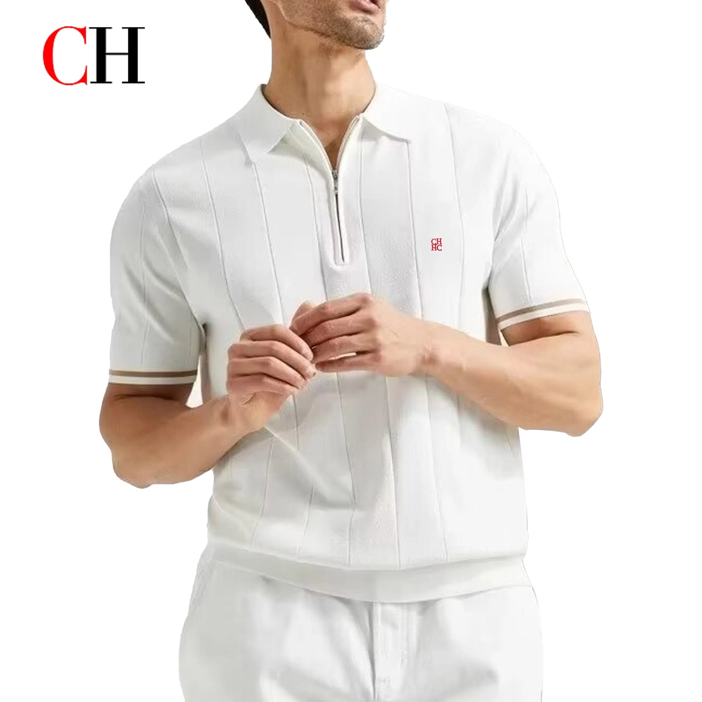 CH Men's Knitted Polo Shirt Half Zipper Lapel Short Sleeve Solid Color Casual Business Summer Breathable Top Tee