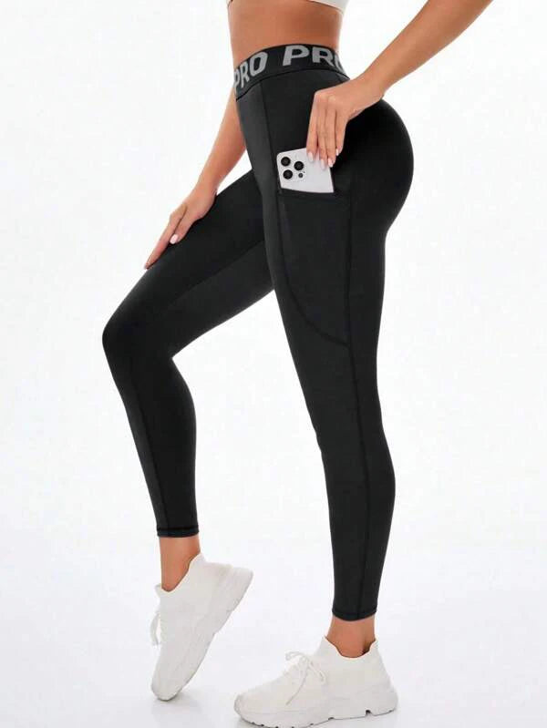 Letter Waist Hip Lift Pocket Yoga Leggings