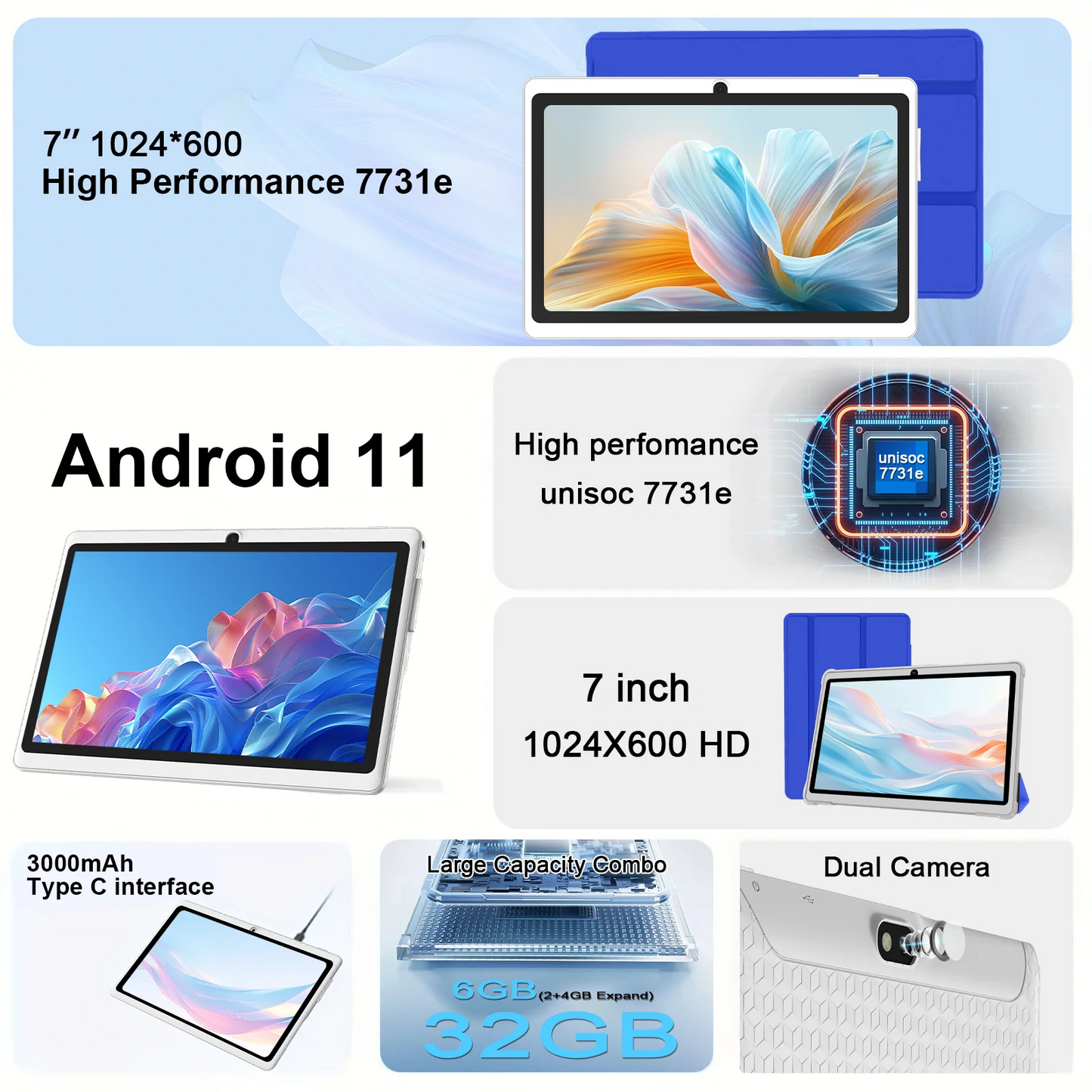 2026 Global Version 7 Inch 4G WiFi Kids' tablet Quad Core 2GB RAM 32GB ROM Dual Cameras Children's Gifts Tablets Android 11