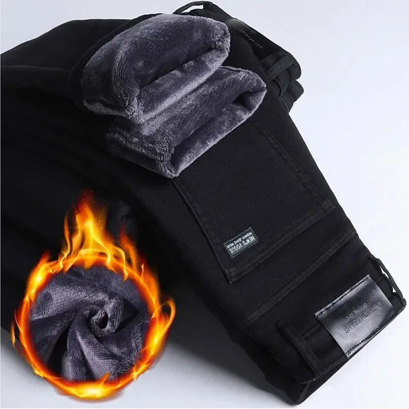 2025 New Winter Men Black Straight Stretch Denim Thick Velvet Pants Warm Jeans Casual Fleece Line Trousers Male Plus Size