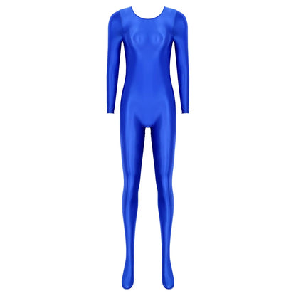 Women Oil Shiny Long Sleeve Pantyhose Jumpsuit Bodystocking Yoga Gymnastics Shapewear One-Piece Swimsuit Catsuit Glossy Bodysuit