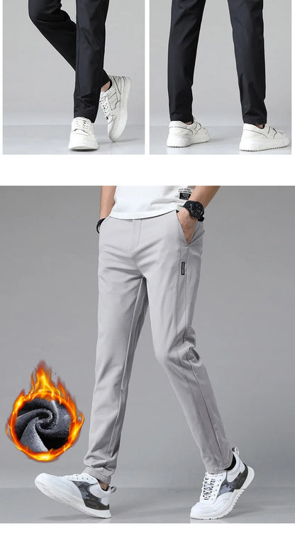 Korean Men's Warm Golf Pants Slim Straight Winter Thick Fleece Casual Pants Business Fashion Stretch Thermal Trousers Male