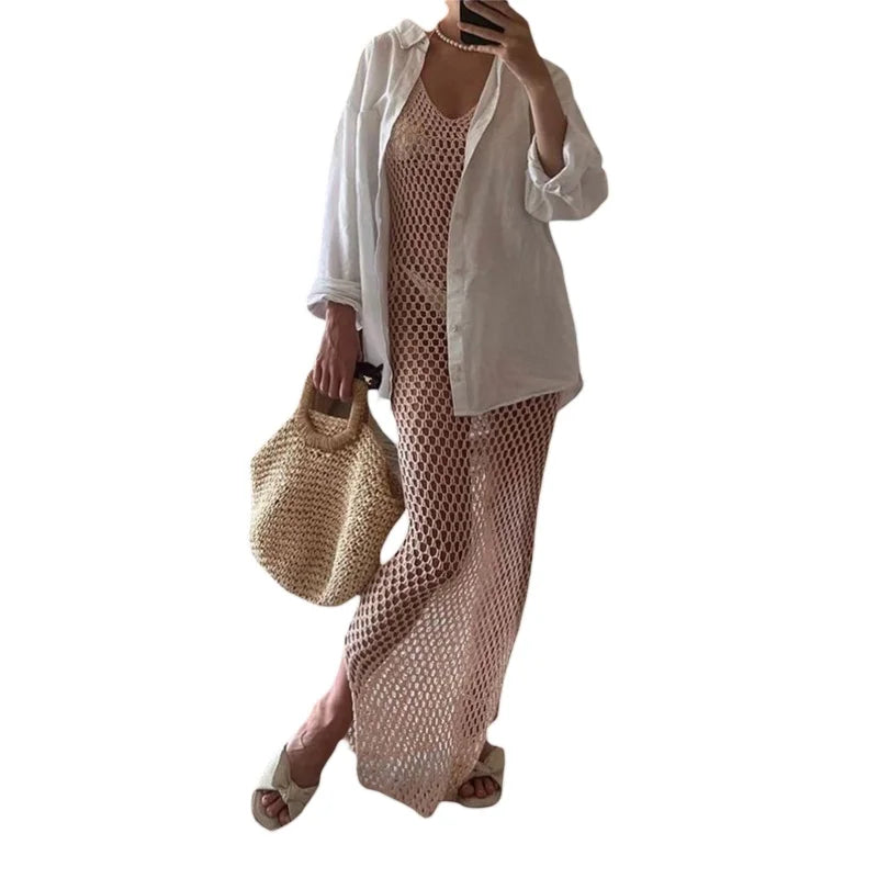 Lamuusaa Sexy Beach Dress Women Bikini Cover Ups Solid Color V Neck Crochet Cutout Sleeveless Backless Long Dress Party Dresses