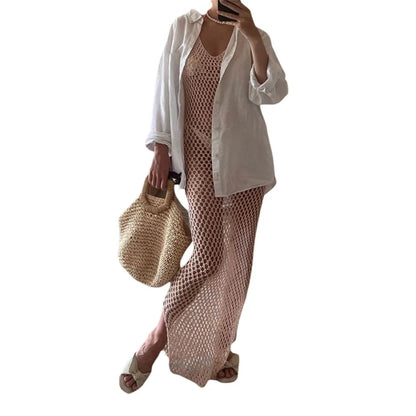 Lamuusaa Sexy Beach Dress Women Bikini Cover Ups Solid Color V Neck Crochet Cutout Sleeveless Backless Long Dress Party Dresses