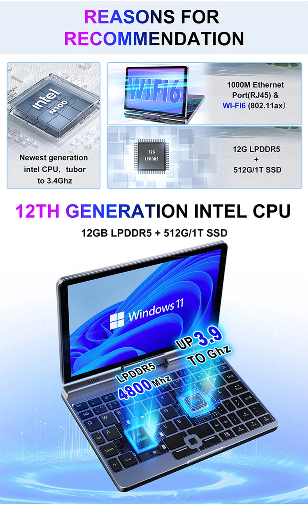 CRELANDER P8 Mini Gaming Laptop 8 Inch Touch Screen Intel Alder Lake N150 12GB DDR5 Windows 11 WiFi 6 Small Pocket Laptop