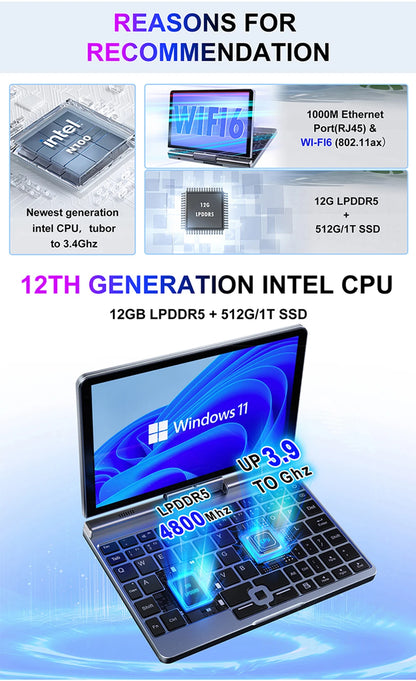 CRELANDER P8 Mini Gaming Laptop 8 Inch Touch Screen Intel Alder Lake N150 12GB DDR5 Windows 11 WiFi 6 Small Pocket Laptop