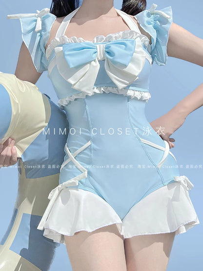Japanese Lolita Girls Bow Cute Water Blue Swimsuit Hot Spring Bathing Swimwear Japanese Style Women One Peice Swimming Suit