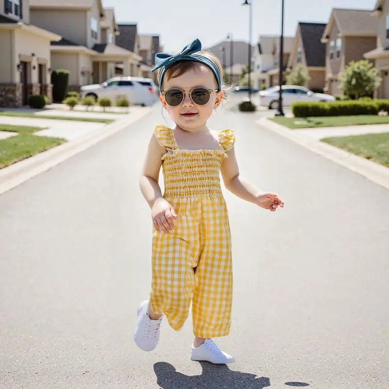 2025 Baby Girl Clothes Girl Cotton Overalls Ruffle Sleeve Strappy Gingham Checkered Romper Casual Loose Pants Outfit 0-4Y