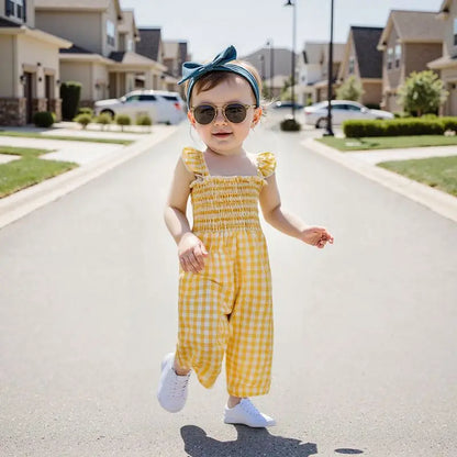 2025 Baby Girl Clothes Girl Cotton Overalls Ruffle Sleeve Strappy Gingham Checkered Romper Casual Loose Pants Outfit 0-4Y