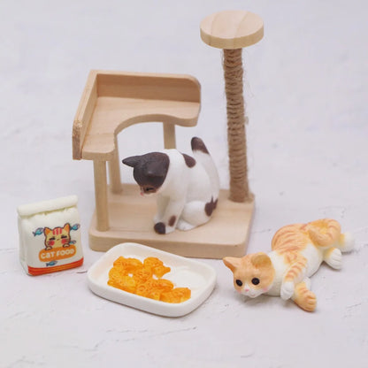 Dollhouse Miniature Wooden Cat Climbing Frame Has Jute Scratching Reversible Cat Tree Mini Resin Cat Food Model Furniture Decor