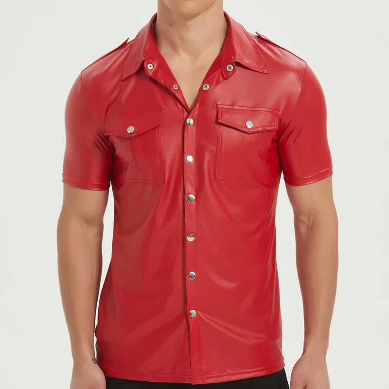 Men's PU leather shirts elastic short sleeve superior quality
