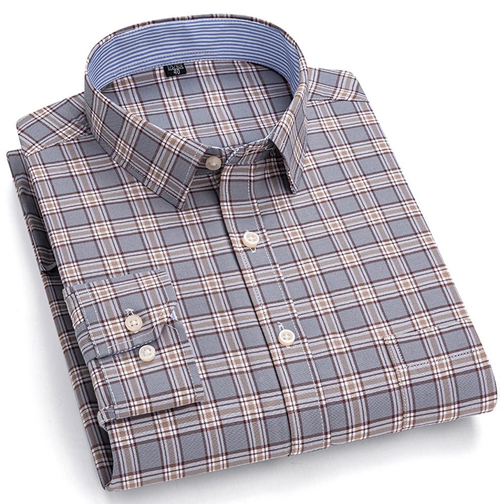 Men's Oxford Long Sleeve Shirt 100% Cotton Wrinkle Resistant & Breathable, Solid Plaid Striped Comfort Casual Button-down Shirts