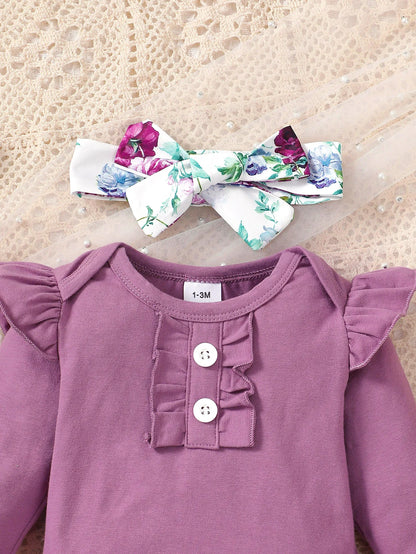 0-24 Months Newborn Baby Girl 3PCS Clothes Set Long Sleeve Romper+Flower Strap Pants+Headband Spring&Autumn Lovely Outfit